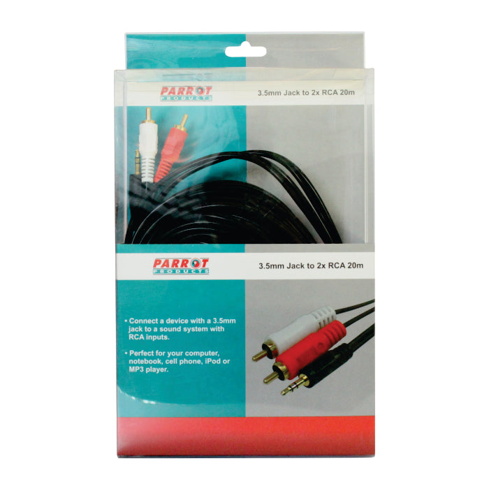 CABLE - AUDIO 3.5MM JACK - TWO MALE RCA 20M