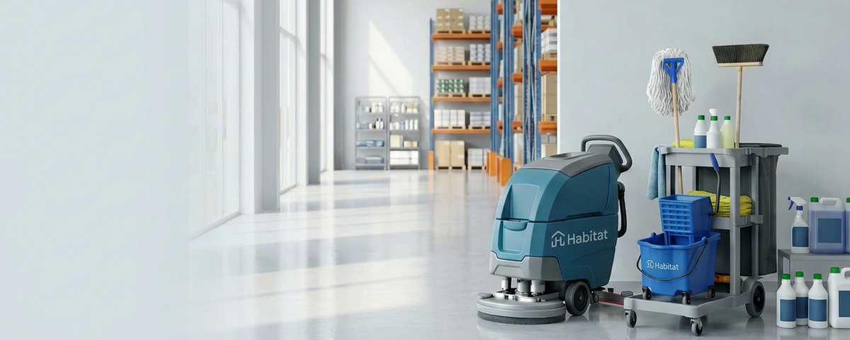 Homepage banner background with professional cleaning equipment and blue accents